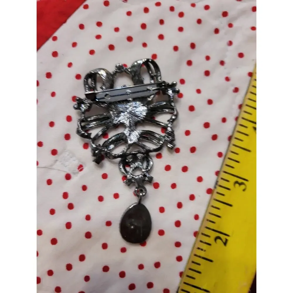 Vintage Style Smoky Gray Crystal Brooch Pin Victoria Gothic Statement Pendant